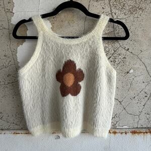 Cream Fuzzy Knit Tank Top Y2K Daisy Flower Sweater Vest Soft‎ Girl Aesthetic